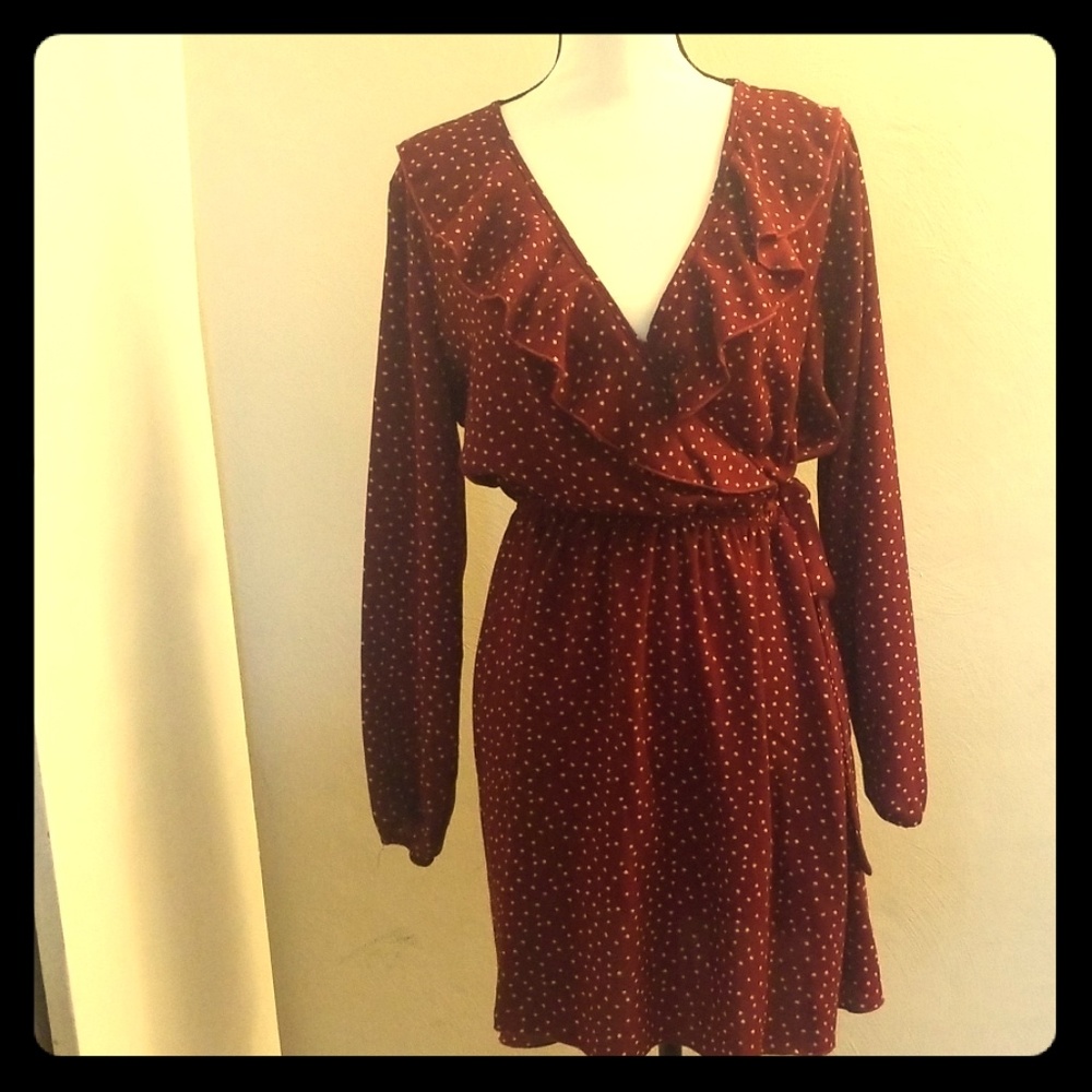 Red and white polka dot wrap dress